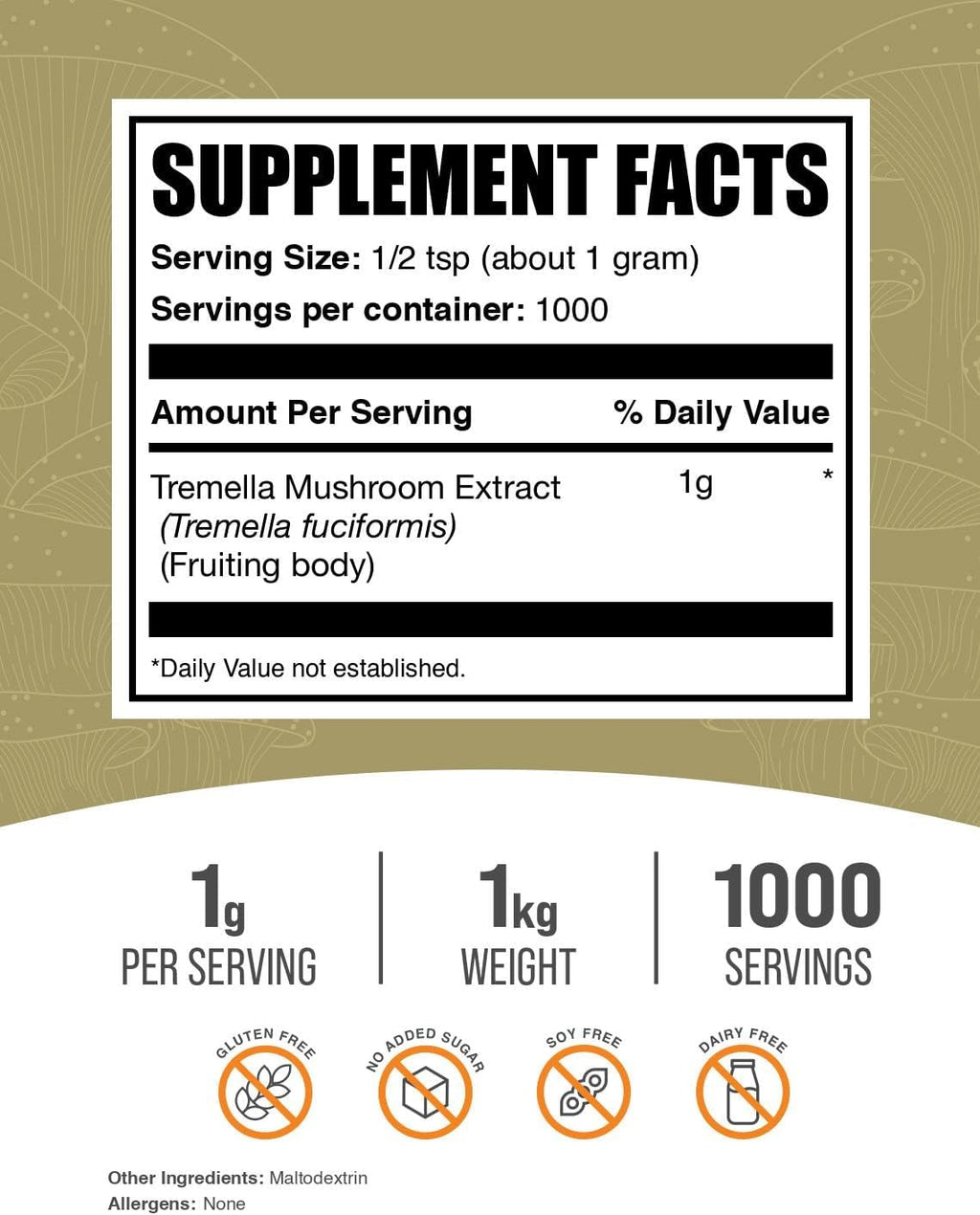 BulkSupplements.com Tremella Mushroom Extract - Tremella Fuciformis Extract, Mushroom Supplement - Vegan & Gluten Free, 1g per Serving, 1kg (2.2 lbs) (Pack of 1)