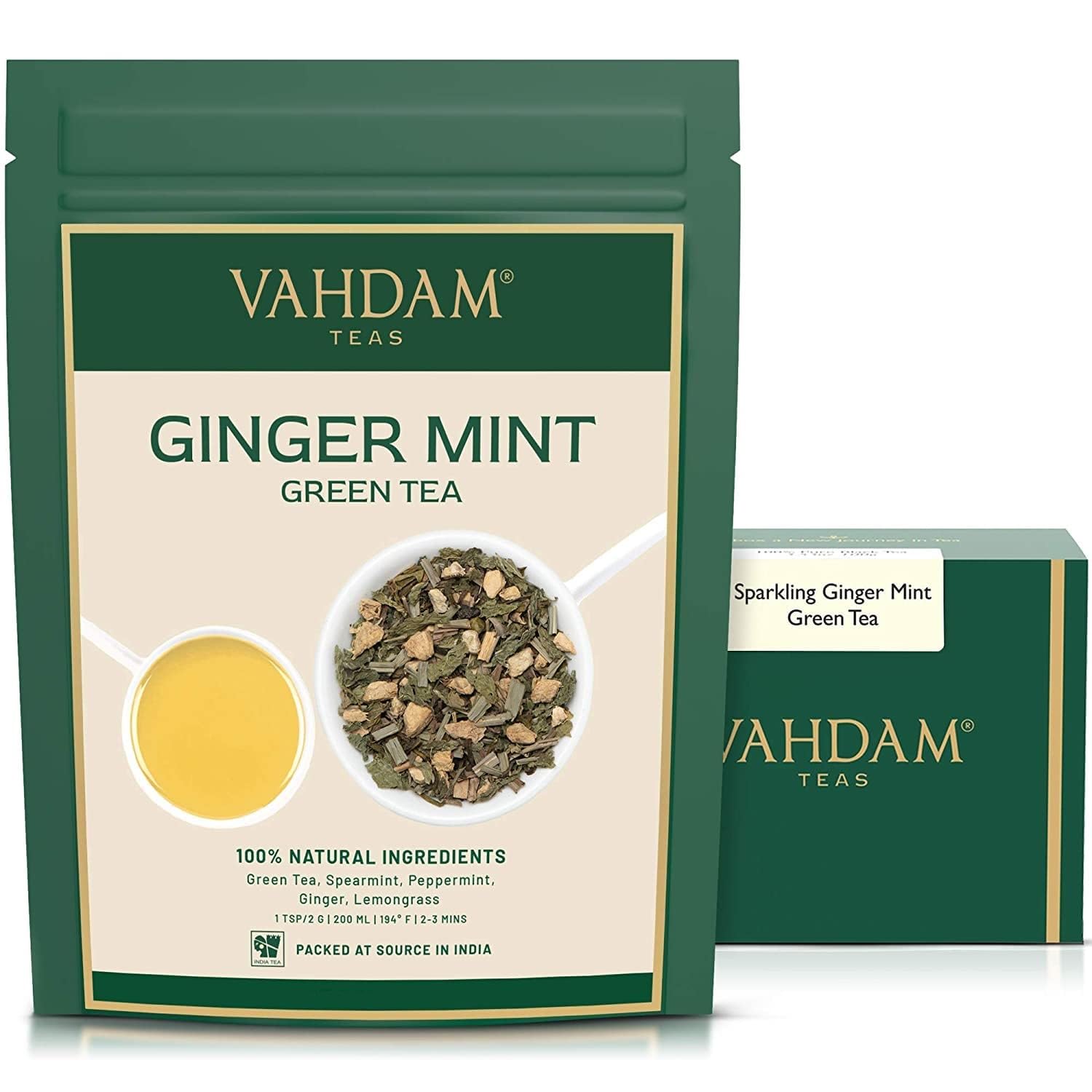 VAHDAM, Ginger Mint Green Tea Loose Leaf (50+ Cups, 3.5oz) Blend Of Ginger Tea & Mint Tea | Pure Green Tea Leaves | High Elevation Grown | Vacuum Sealed