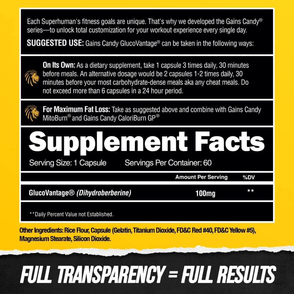 ALPHA LION Gains Candy, Supplement Pills That Support Weight Loss, Muscle Building, Decrease Body Fat, Upgrade Energy & Workout Performance, 60 Capsules (DHB Berberine-GlucoVantage®)