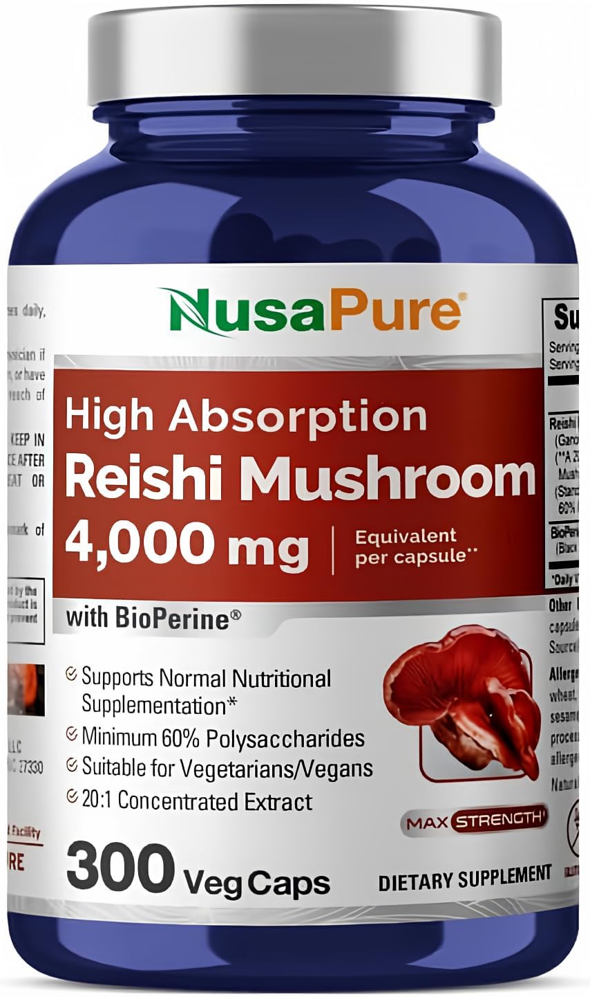 NusaPure Reishi Mushroom Extract 20:1 Extract, 200 mg Equivalent to 4000mg per Capsule 300 Veggie Caps Vegan, Non-GMO, Gluten-Free