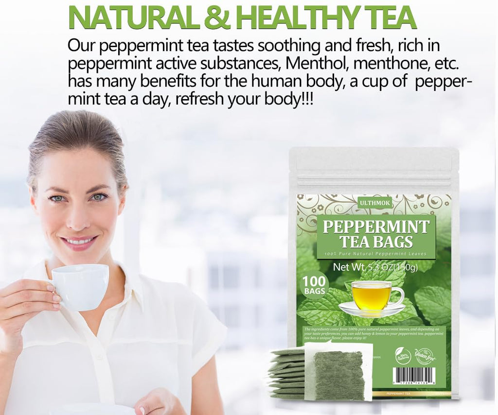 Premium Peppermint Tea Bags, 100 Tea Bags, Made with 100% Natural Peppermint Leaves, No Additives & Caffeine Free.