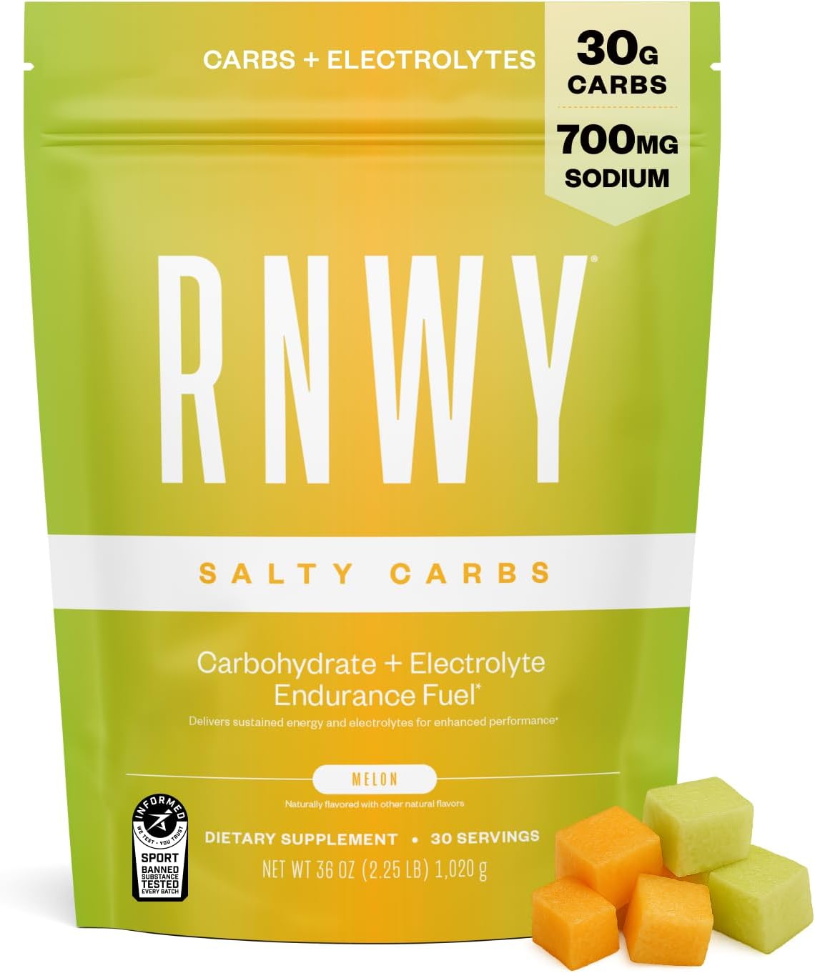 Salty Carbs Electrolyte Drink Mix 30g Dual-Action Carbs + 700mg Sodium – Endurance Fuel for Runs, Rides and Races – Gluten-Free, Dairy-Free, Non-GMO (30 Servings, Melon)