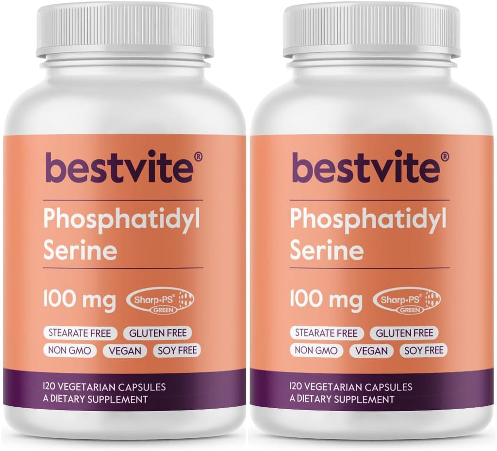 BESTVITE Phosphatidylserine 100mg per Capsule (240 Vegetarian Capsules) (120x2) with Sharp-PS® Green - Patented and Clinically Tested - Stearate Free - Soy Free - Gluten Free - Vegan - Non GMO
