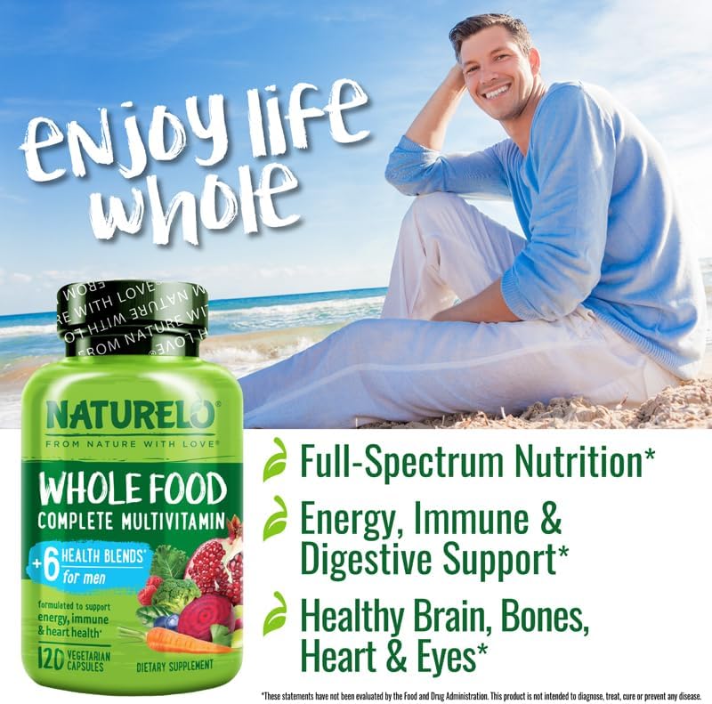 NATURELO Mens Multivitamins - Whole Food Multivitamin for Men with Vitamins, Minerals - 120 Vegetarian Capsules for Energy, Brain, Heart, Eye Health*
