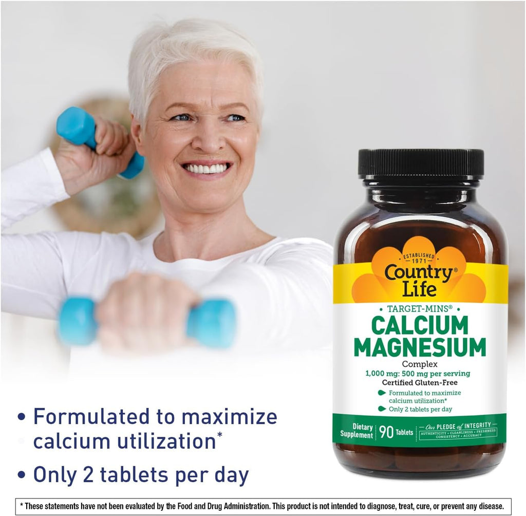 Country Life Target-Mins Calcium Magnesium Complex 1000mg/500mg, 90 Tablets, Certified Gluten Free, Certified Vegan, Certified Non-GMO Verified