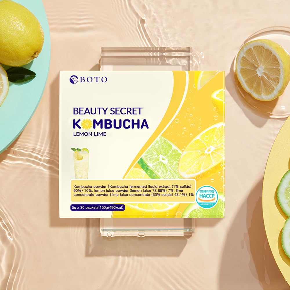 BOTO Kombucha Tea Organic Drink Sugar Free, Keto, Vegan, Low Calorie, Detoxifying Acids, Supports Gut Health, Non-GMO, Vegan, Gluten Free, Sparkling - Lemon Lime Tea - 30 of Pack