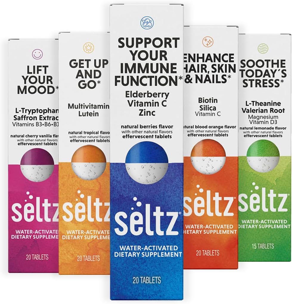 Seltz® Complete Wellness Pack – Effervescent Vitamins for Energy, Immunity, Mood & Stress Support (Includes Get Up & Go, Soothe Today’s Stress, Lift Your Mood, and More!)