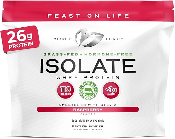 Muscle Feast Grass-Fed Whey Protein Isolate, All Natural Hormone Free Pasture Raised, Whey Isolate Protein Powder for Men and Women, Clean, Gluten-Free, Delicious Isolate Protein - Raspberry, 2lb