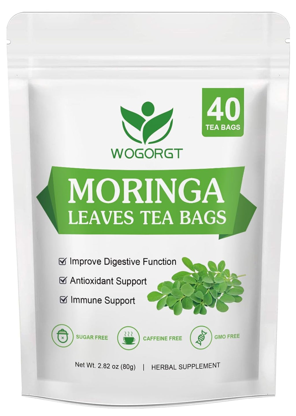 WOGORGT Organic Moringa Tea Bags - Pure Moringa Leaves Herbal Tea from India - Rich in Natural Antioxidants & Supports Daily Wellness - Caffeine Free, Sugar Free, Vegan - 40 Tea Bags