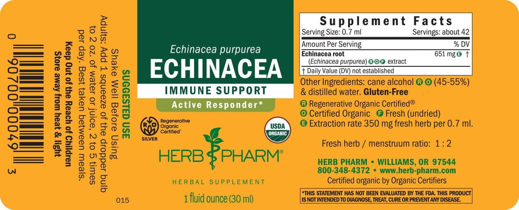 Herb Pharm Certified Organic Echinacea Root Liquid Extract for Immune System Support, Organic Cane Alcohol, 1 Ounce (DECH01)