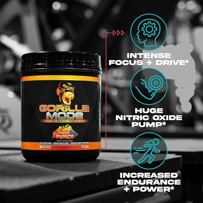 Gorilla Mode Pre Workout - Massive Pumps Laser Focus Energy Power - L-Citrulline, Creatine, L-Tyrosine, Betaine, Hydroprime, Alpha-GPC, 400mg Caffeine, Huperzine A 816g (Strawberry Kiwi)