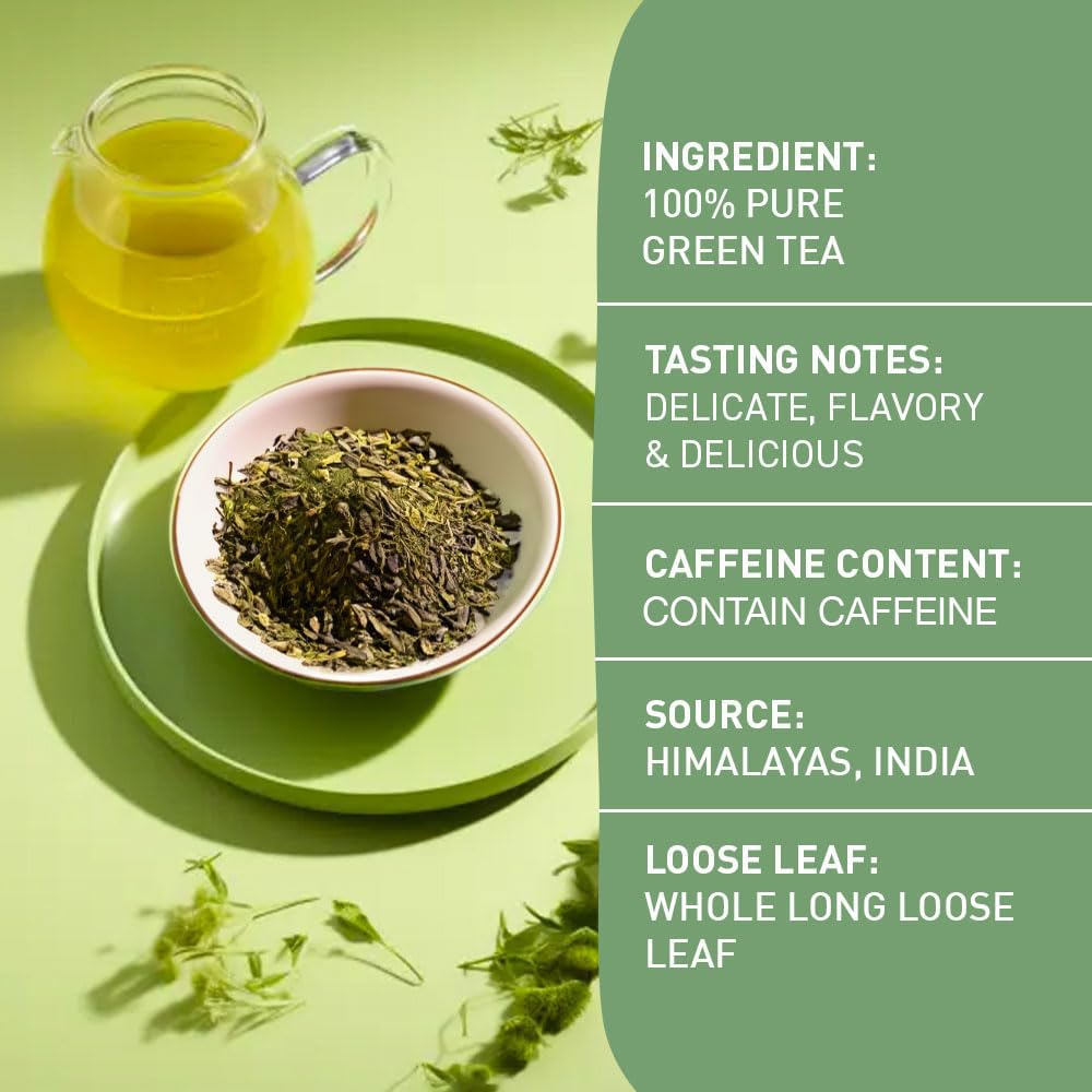 HANDPICK, Green Tea Loose Leaf (255g/9oz) 127 Cups | Non-GMO, 100% Pure Green Tea Leaves Sourced from Himalayas, India | Resealable Ziplock Pouch