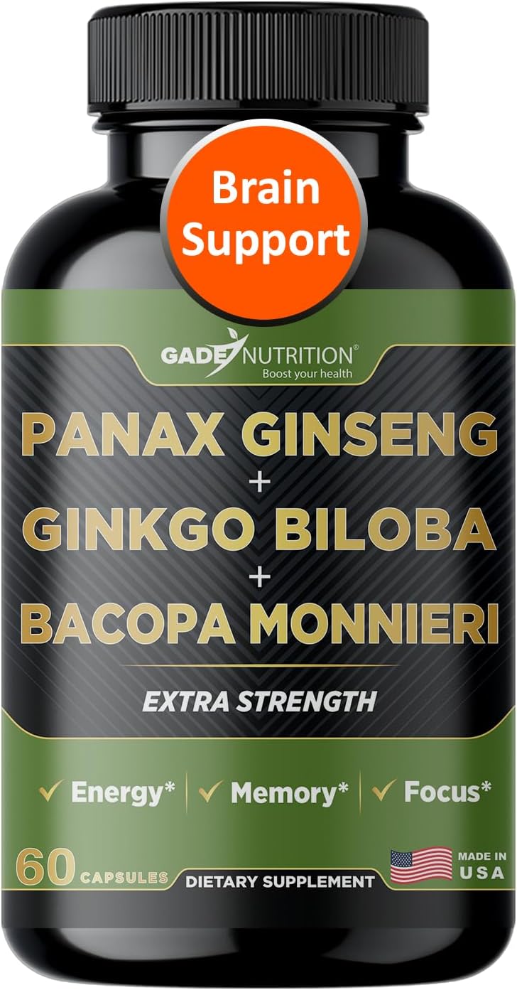 Gade Nutrition Ginkgo Biloba with Ginseng Supplement and Bacopa Monnieri | Brain Supplements for Memory and Focus with panax Ginseng & Ginko biloba Capsules - Memory Supplement for Brain