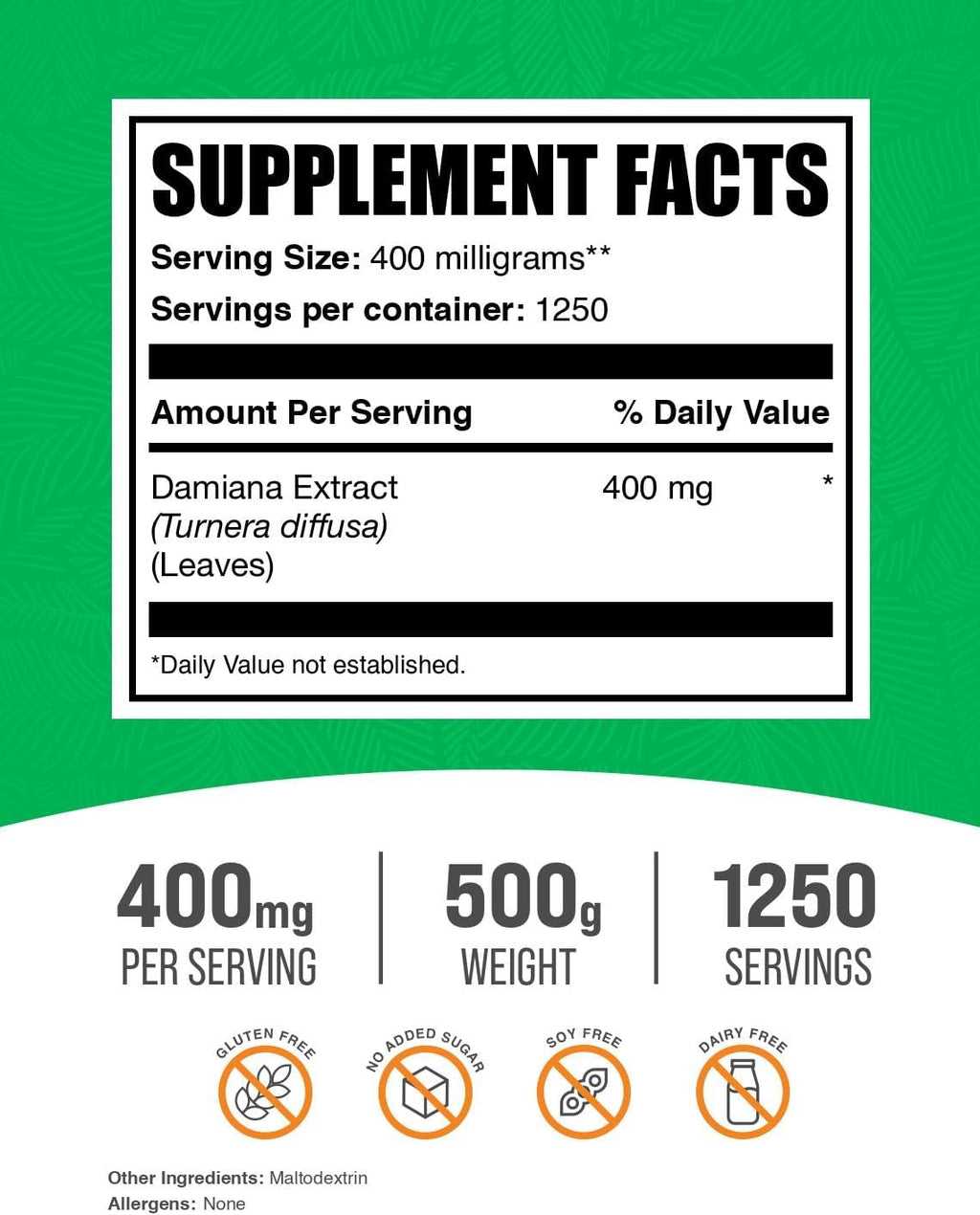 BulkSupplements.com Damiana Extract Powder - Damiana Supplement, Herbal Supplement - Vegan & Gluten Free, 400mg per Serving, 500g (1.1 lbs) (Pack of 1)