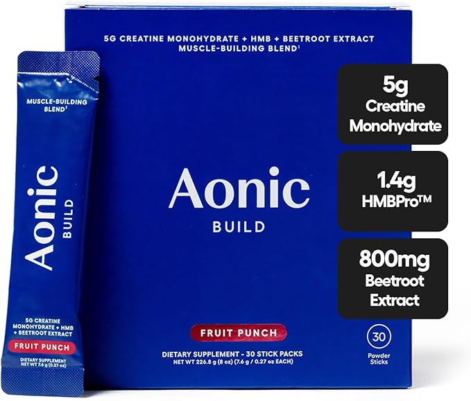 AONIC Build 3-in-1 Creatine, HMBPro™ & Beetroot Formula | Vegan, Non-GMO Pre/Post-Workout Drink Mix – Fruit Punch (30 Sticks)