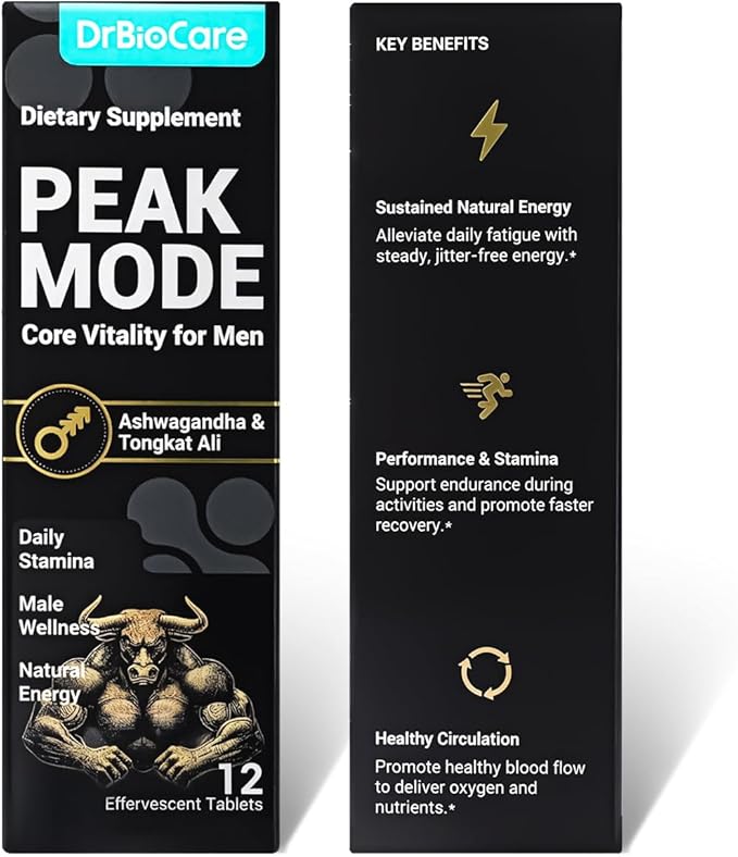 DrBioCare Peak Mode Core Vitality for Men 7-in-1 Effervescent Tablets | Tongkat Ali, Maca & L-Arginine，Ashwagandha, | Boost Stamina, Drive & Blood Flow for Good Performance | Berry Flavor 24 Tablets