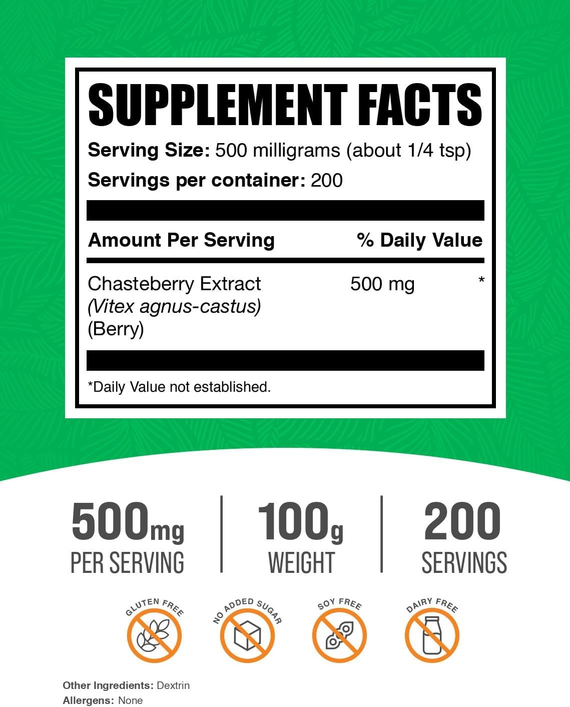 BulkSupplements.com Chasteberry Extract Powder - from Vitex Berry, Herbal Supplement - Vegan & Gluten Free, 500mg per Serving, 100g (3.5 oz) (Pack of 1)