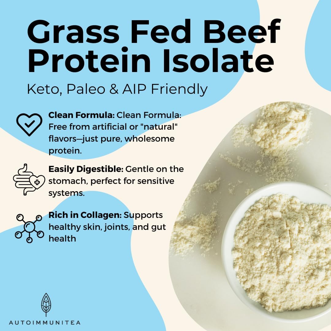 Grass Fed Beef Protein Powder Isolate - AutoimmuniTea, 23g of Paleo Carnivore Protein, Keto Friendly, Grain Free, No Dairy or Soy, No Whey, Stevia Free, Vanilla Flavor - 2lbs of Prime Muscle Building