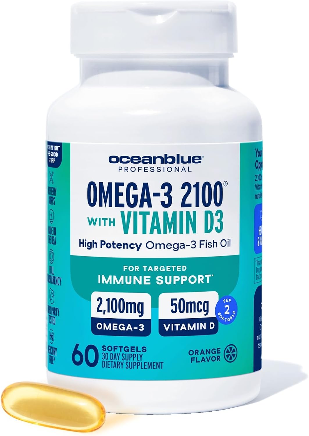 Oceanblue Professional Omega-3 2100 with Vitamin D3 – 120 ct – Triple Strength Burpless Fish Oil Supplement with High-Potency EPA, DHA, DPA and Vitamin D3 – Wild-Caught – Orange Flavor (60 Servings)