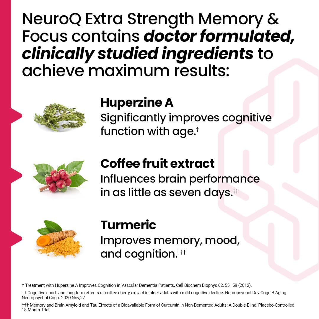 NeuroQ Memory & Focus Extra Strength - Boosts Cognitive Performance & Brain Function - Supports Neuroprotection & Concentration - Huperzine A, Gotu Kola, Ginkgo, Coffee Fruit & Propolis - 60 Capsules