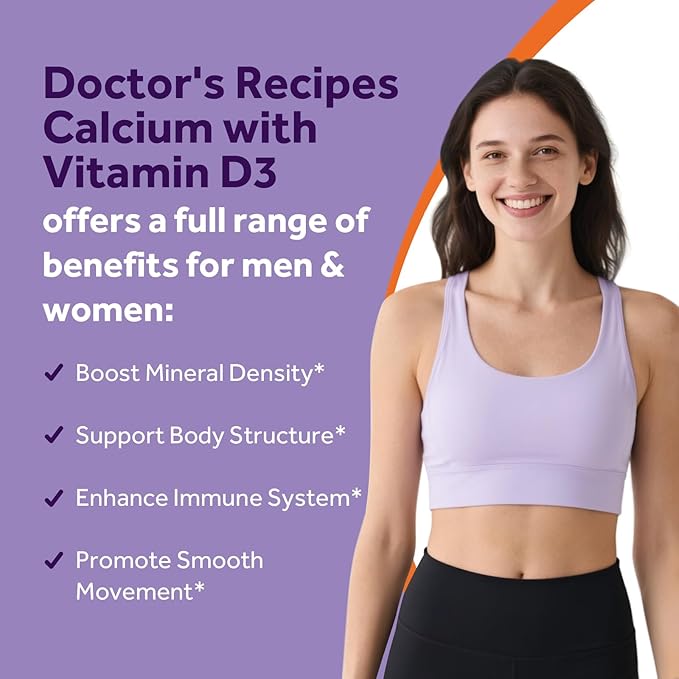Doctor's Recipes Calcium 1200 mg with Vitamin D3, Calcium Supplements for Women & Men, Non-GMO, No Soy, Bone & Immune Support, Calcium Carbonate, Extra Absorption, 60 Tablets