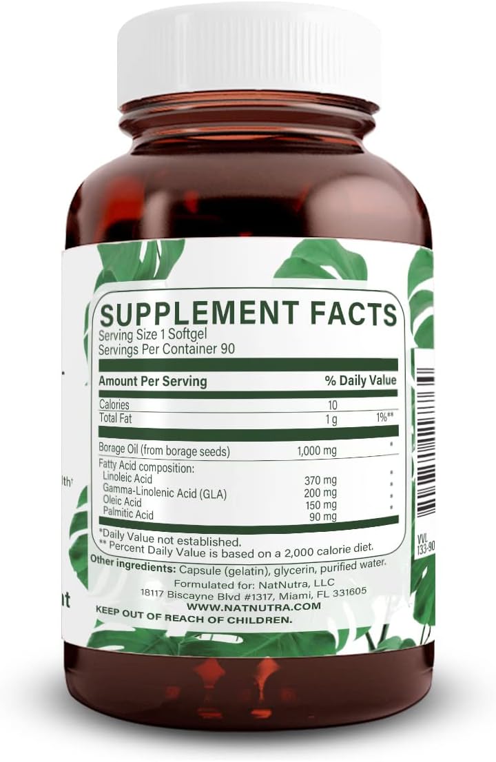 Natural Nutra Borage Oil, Maintain Skin Health, Support Better Heart Health, Improves Nerve Health, Help Overcome Joint paint, Help Reduce Pimple, Omega 6 Essential Fatty Acids Supplement 90 Softgels.