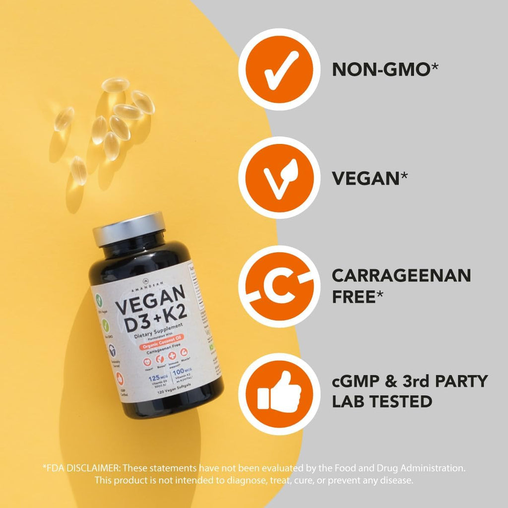 AMANDEAN Vegan Vitamin D3 K2. 5000 iu from Algae. All-Trans MK-7. 120 Softgels. Plant-Based & Carrageenan Free. Organic Coconut Oil Blend. for Mood, Bones, Heart, Immune Health (Packaging May Vary)