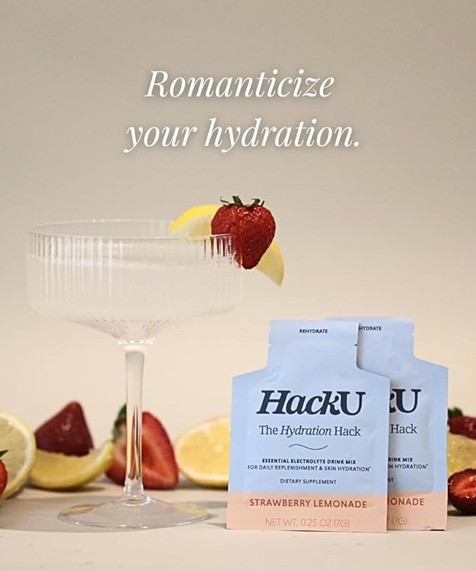 HackU The Hydration Hack, Strawberry Lemonade, Sugar-Free, Electrolyte Drink Mix with Sea Salt, Magnesium, Potassium, Hyaluronic Acid, Vitamin-C, 10pk/25pk