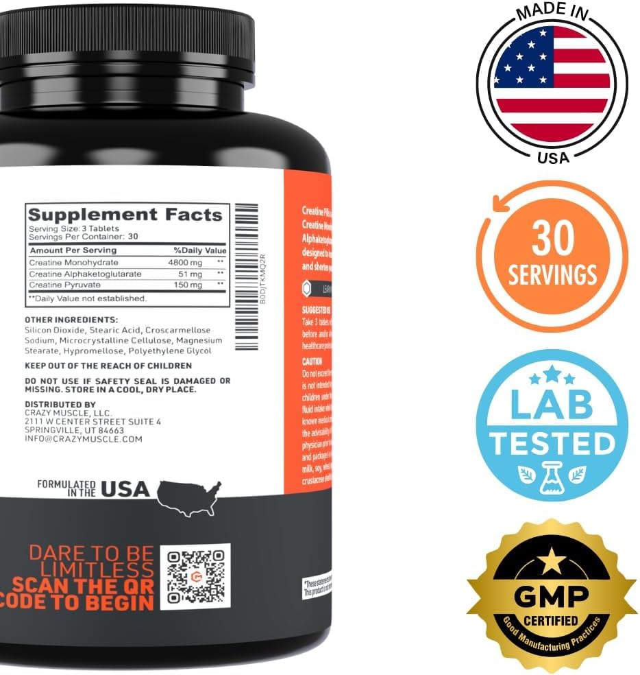Crazy Muscle, Creatine Pills, 5g 3X Pure Creatine Monohydrate, Pre Workout Bulk Muscle Mass Gainer, High Absorption Easy to Take ThreeAtine 3 Type Optimum Performance for Lean Growth Men Women