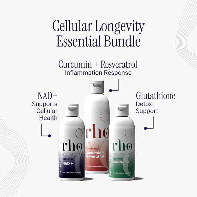 Rho Nutrition - Cellular Health Essentials Bundle – Liquid Liposomal Supplements for Healthy Aging & Cellular Support - NAD+, Curcumin + Resveratrol, & Glutathione (3 Pack)