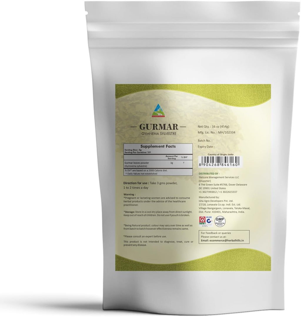 HERBAL HILLS Gurmar Powder (Gymnema sylvestre/Natural Gudmar Leaf/Leaves Powder) | 16 Oz (454 GMS) | Help to Maintain Normal Glucose Levels