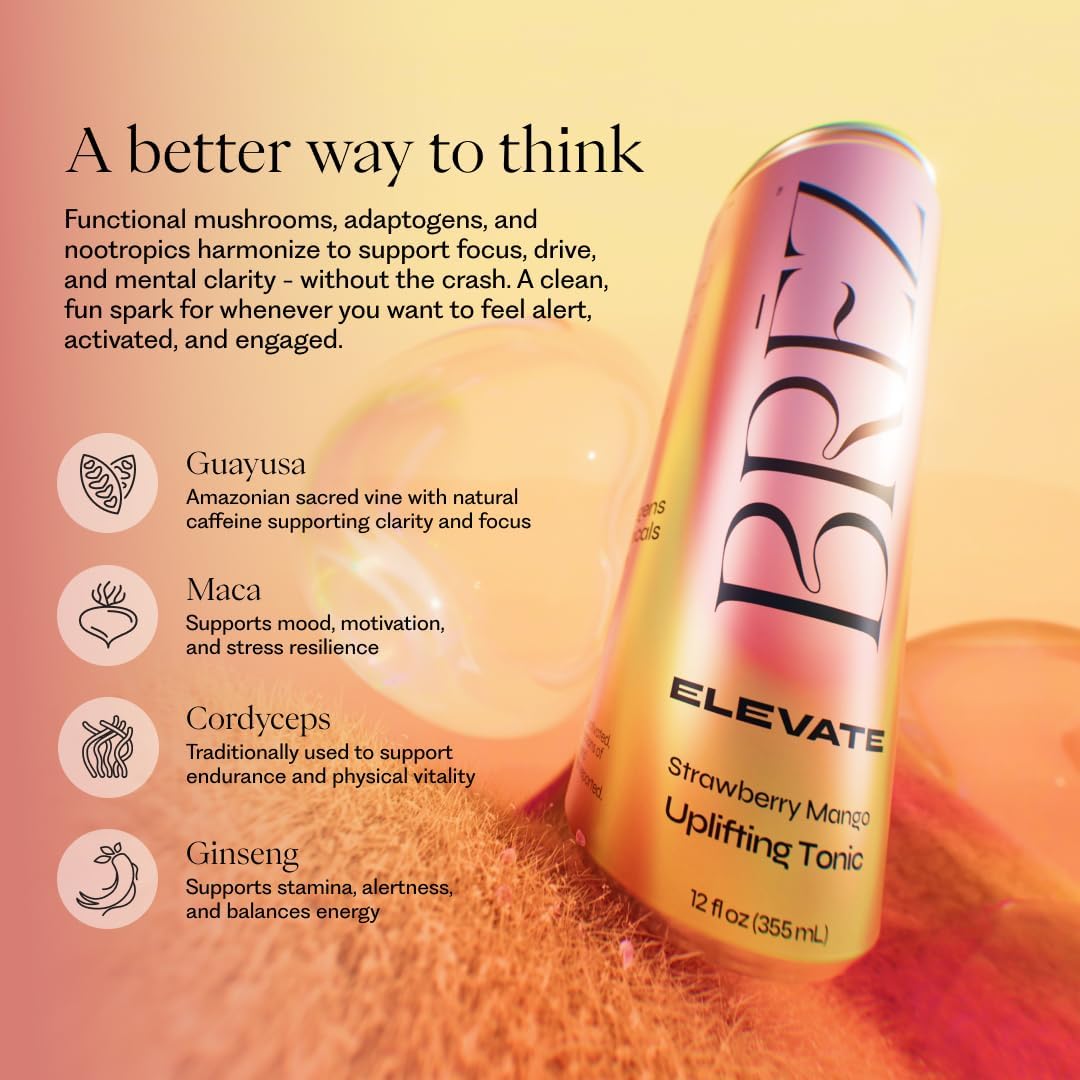 BRĒZ ELEVATE Cordyceps Mushroom Drink, Non-Infused Uplifting Tonic with Cordyceps, Guayusa, Maca & Ginseng, Vegan Adaptogen Drink for Focus, Drive & Mental Clarity, Strawberry Mango, 12 fl oz, 12 Pack