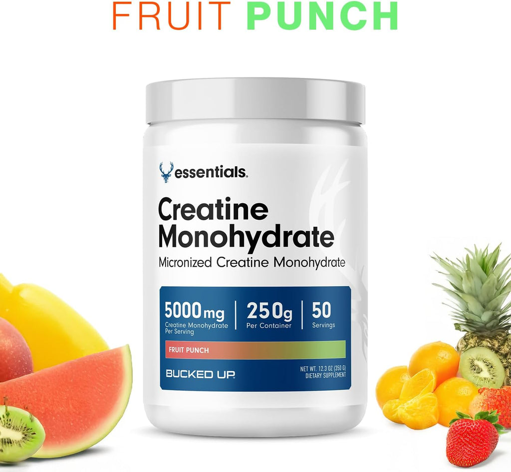 Bucked Up Fruit Punch Creatine for Women and Men - Easy to Mix Vegetarian - Flavored Creatine Monohydrate Powder - Made in USA - 5G Per Serving - 50 Servings - 250 Grams Per Container