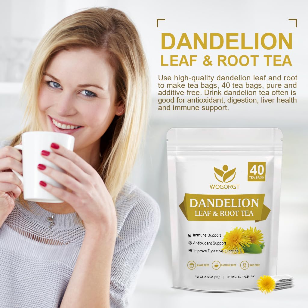 Dried Dandelion Leaf & Root Tea - Natural Dandelion Herbal Tea for Liver Support, Antioxidant, Digestion and Immune Support, Caffeine Free - 40 Tea Bags