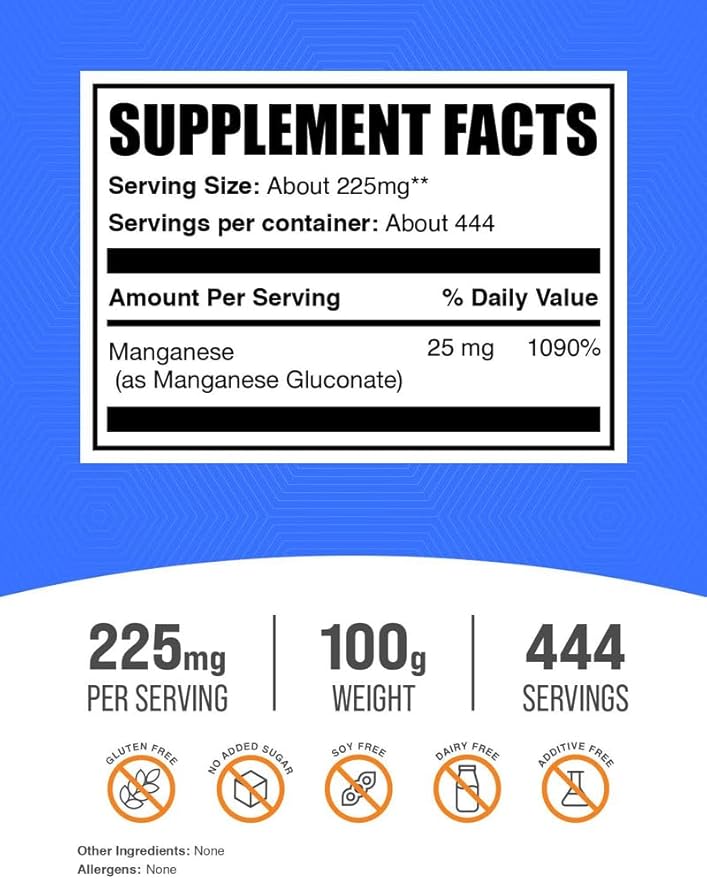 BulkSupplements.com Manganese Gluconate Powder - Manganese Supplement, Essential Trace Mineral - High Absorption & Gluten Free, 225mg per Serving, 100g (3.5 oz) (Pack of 1)