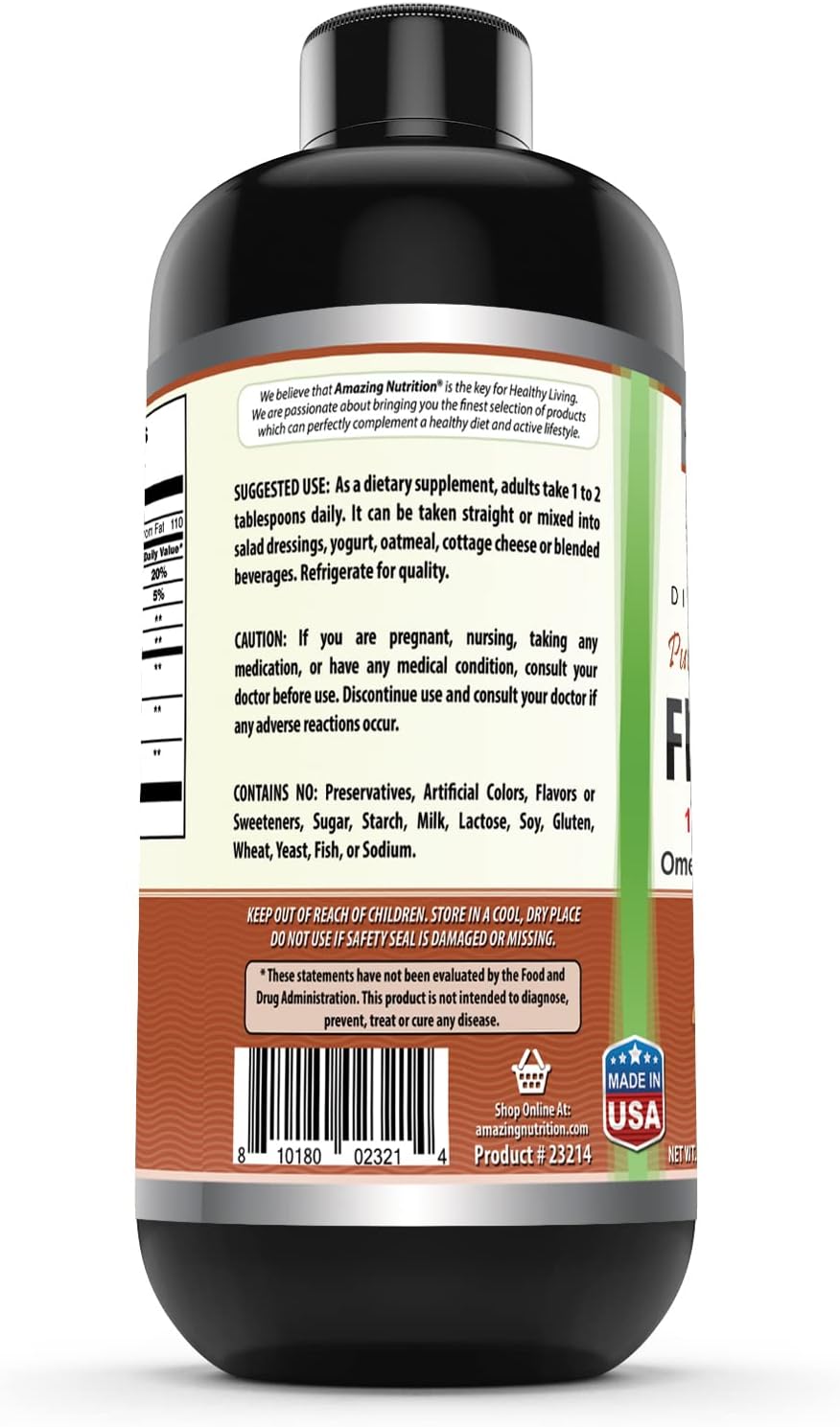 Amazing Omega Flaxseed Oil Supplement | Omega 3, Lignans & Fiber | 16 Oz | Non-GMO | Gluten Free | Made in USA
