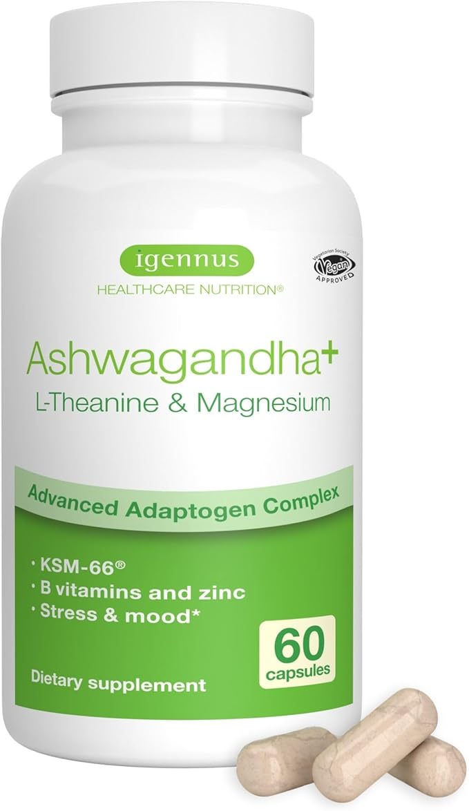Igennus High Strength Ashwagandha, Magnesium, & L-Theanine Stress Relief Complex, KSM-66 Root Extract Adaptogens, Boosted with Methylfolate, Zinc & Biotin Clean Label, 60 Fast Acting Capsules