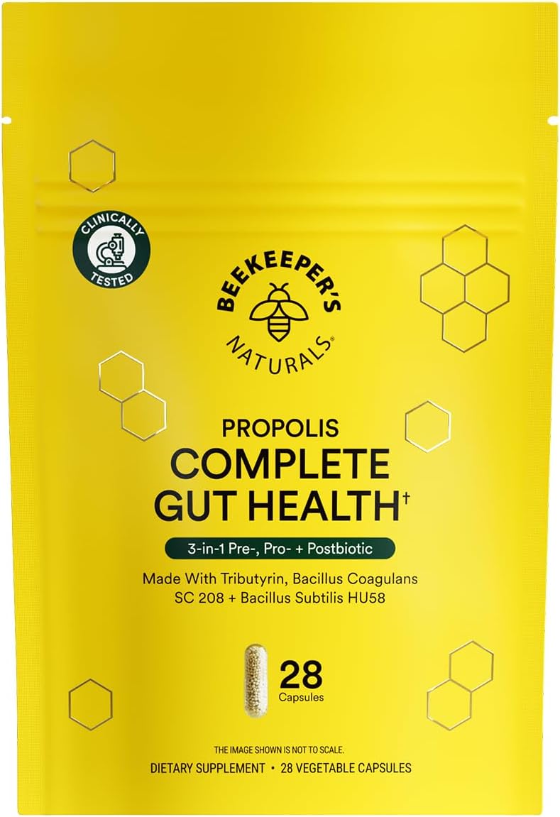 Beekeeper's Naturals Complete Gut Health, 3-in-1 Prebiotic, Postbiotic, Probiotics for Digestive Health & Bloating Relief for Women & Men, Propolis Powered, Gluten-Free Vegan Capsules, 28ct