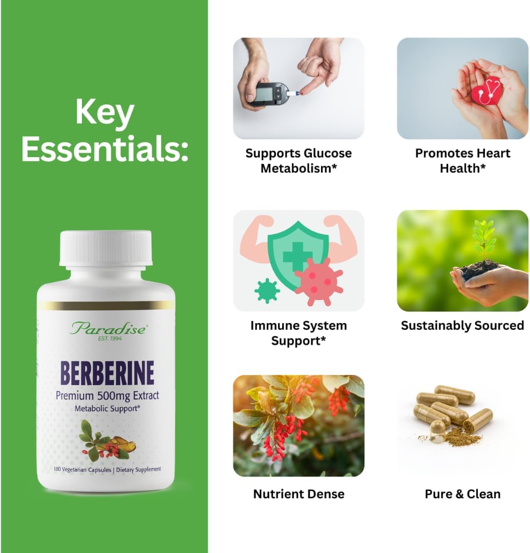 Paradise Herbs, Berberine Extract, 500 mg, Pure & Potent Berberine Supplement, Vegan, Non-GMO, Gluten Free, 180 Vegetarian Capsules