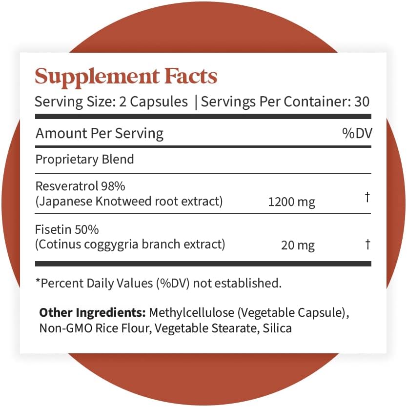 Pattern Wellness Resveratrol Supplement with Fisetin - Natural Antioxidant Booster - Whole Body & Heart Health, Healthy Immune Responses - No Fillers & Binders - USA Tested - 60 Non-GMO Capsules