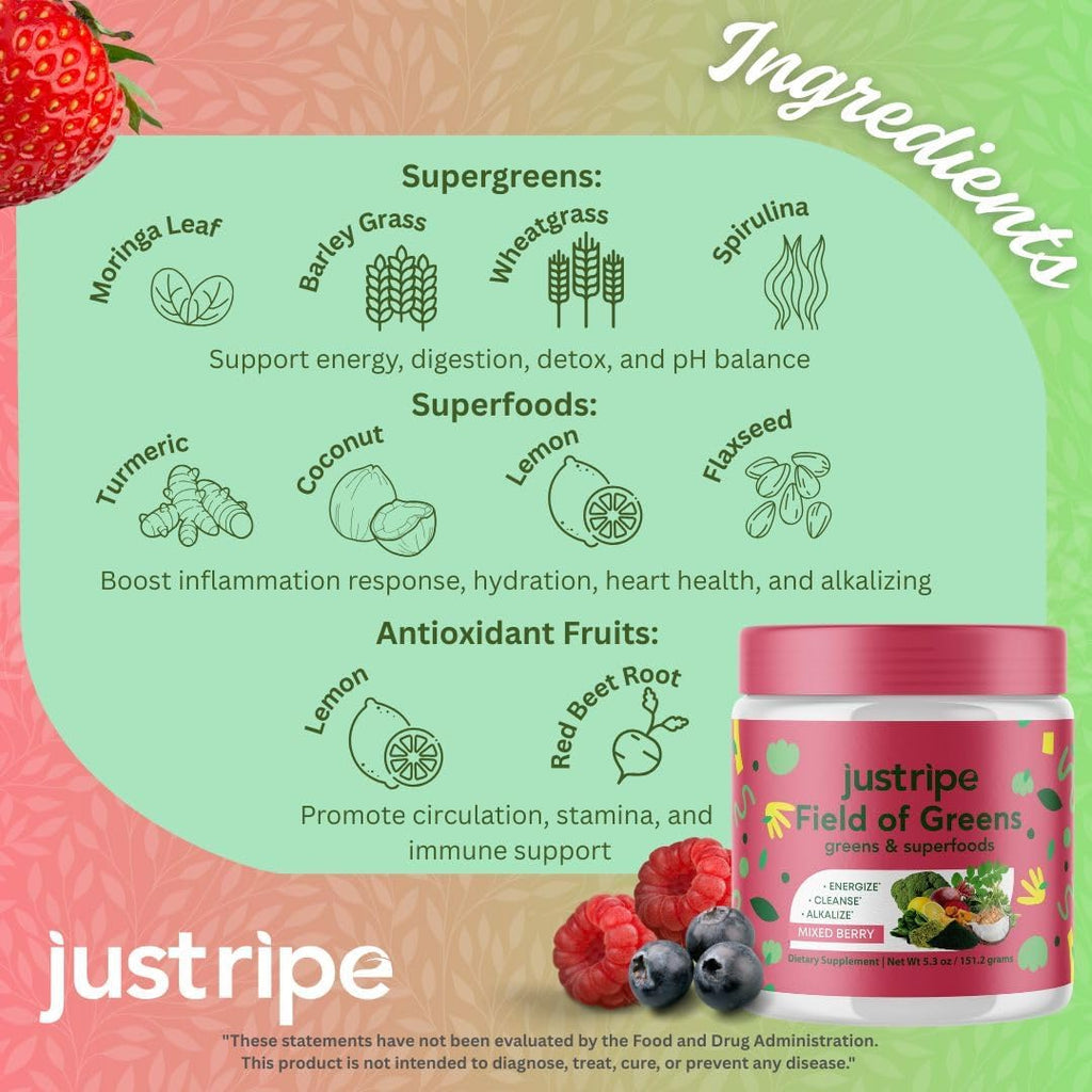 Field of Greens Superfood Powder with Organic Spirulina, Chlorella, Beet Root Powder - Bacillus Coagulans Probiotic, A Plant-Based Mix Supporting Gut Health, Immunity, 28 Scoops - Mixed Berry