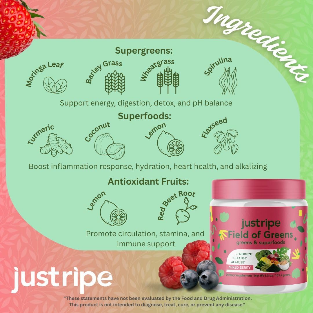 Field of Greens Superfood Powder with Organic Spirulina, Chlorella, Beet Root Powder - Bacillus Coagulans Probiotic, A Plant-Based Mix Supporting Gut Health, Immunity, 28 Scoops - Mixed Berry