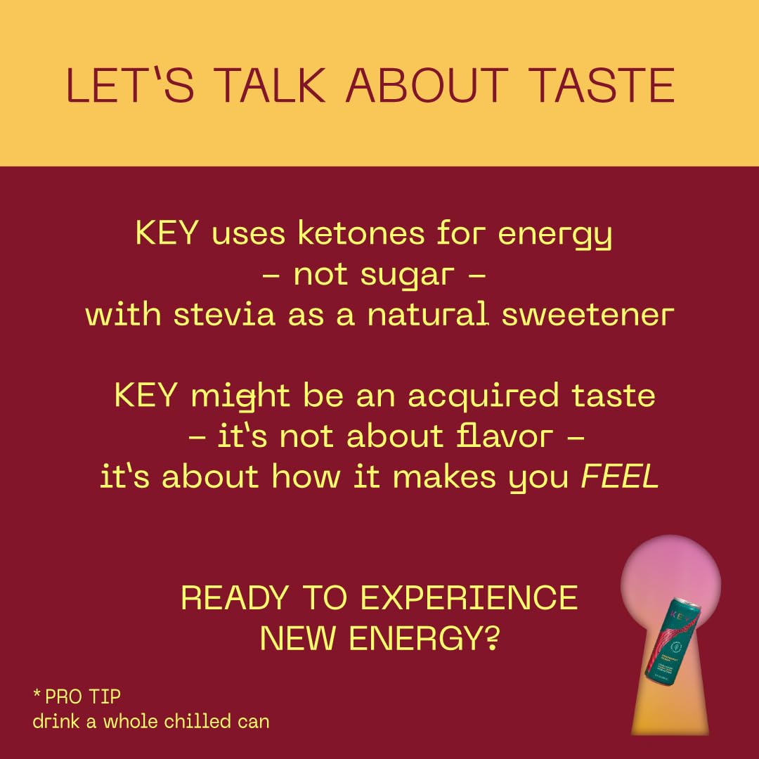 KEY Ketone Energy Drink - Sugar Free, 80mg Low Caffeine, All Natural, 11.5g Ketones, Long Lasting Energy, Green Tea & L-Theanine for Mental Focus, Ginger Lime (Pack of 12)