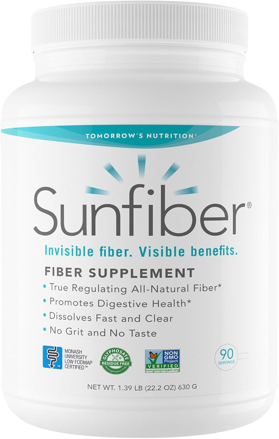 Tomorrow's Nutrition, Sunfiber, Prebiotic Fiber Supplement for Digestive Health, Low FODMAP, Gluten-Free, Unflavored, 90 Servings