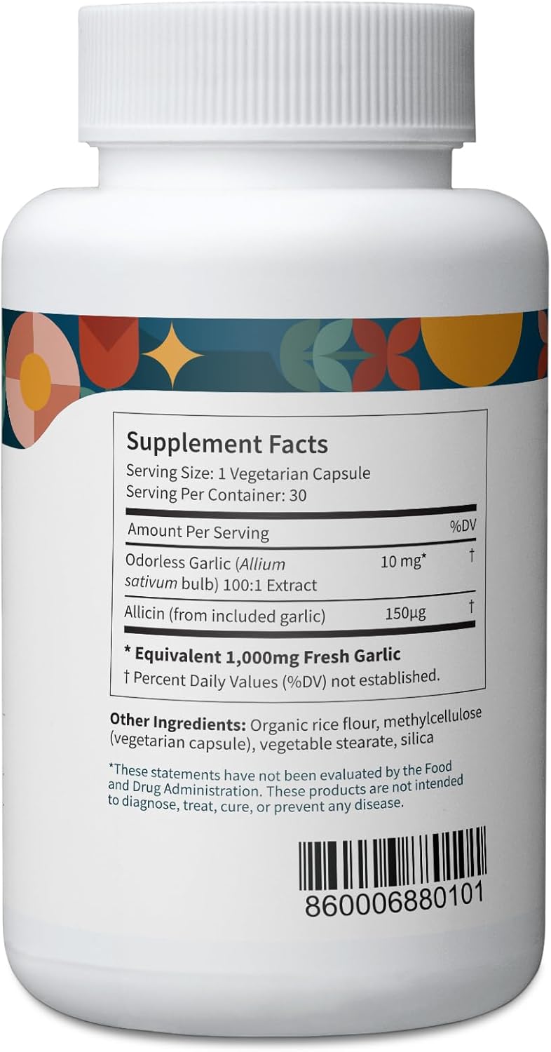 Pattern Wellness Odorless Organic Garlic – 1000mg – Immune, Circulatory & Heart Health Support – Non-GMO & Gluten Free – 30 Vegan Capsules