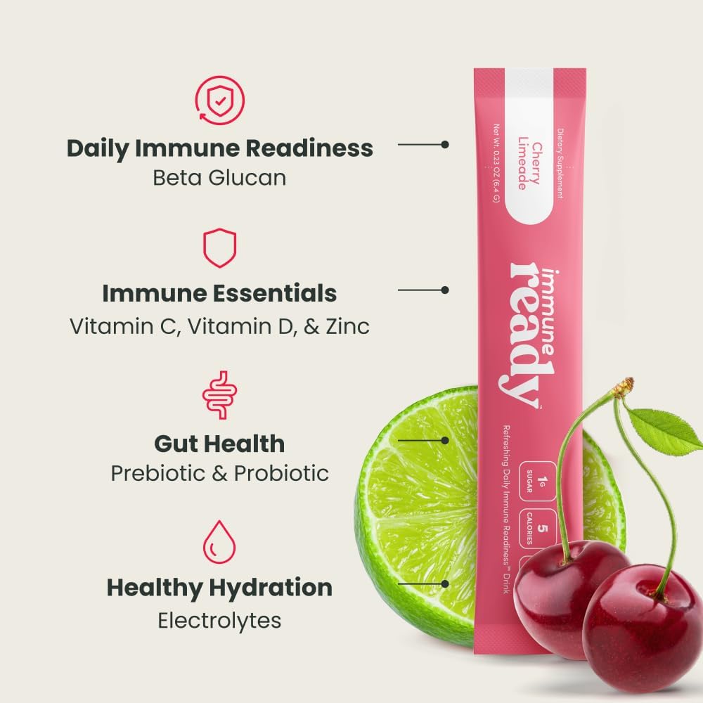 Immune Ready™ Immune Boost Drink Mix - Combo Immune Support, Gut Health, & Electrolyte Powder Packets with Vitamin C, Beta Glucan, Zinc, D3, Pre & Probiotics - Cherry Limeade - 15 Pack