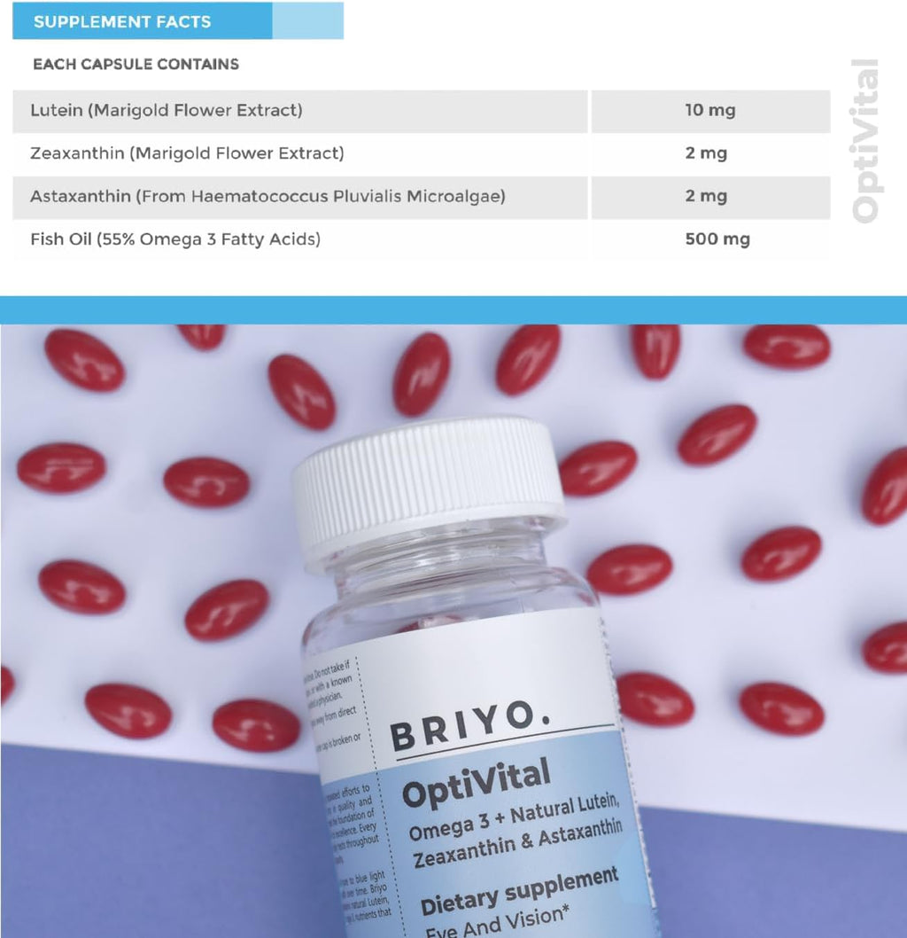 Briyo Optivital Eye Health Supplement with Lutein, Zeaxanthin, Astaxanthin and Omega 3 – Supports Visual Clarity, Screen Fatigue Relief and Long Term Retinal Health – One a Day, 60 Softgels