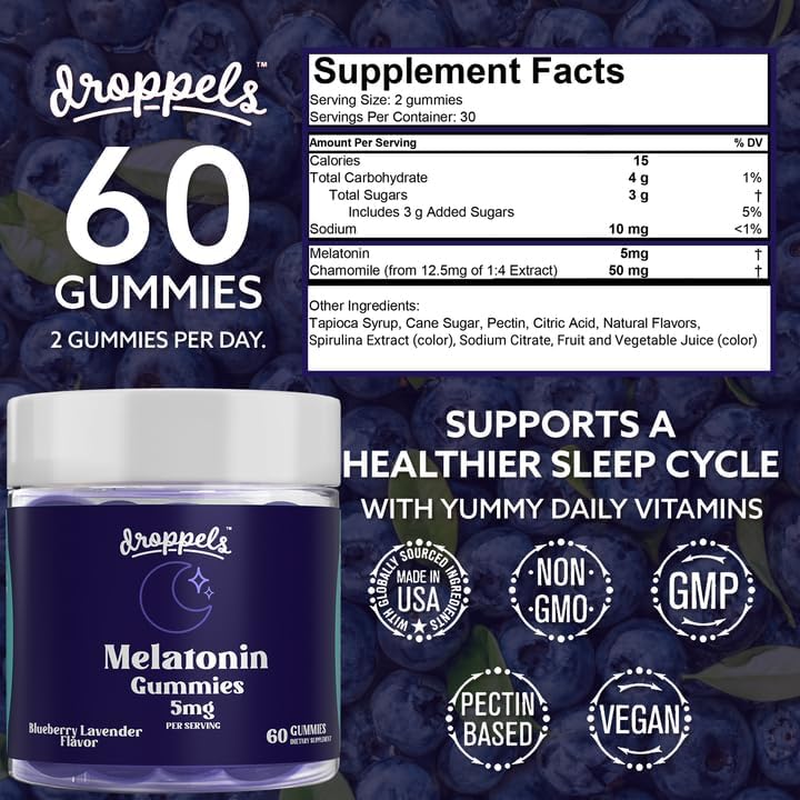 Droppels Melatonin Gummies, 5mg – Plant-Based, Vegan Melatonin 5mg for Natural Sleep Support with Chamomile Extract, 60 Count, Blueberry Flavor (1-Month Supply)