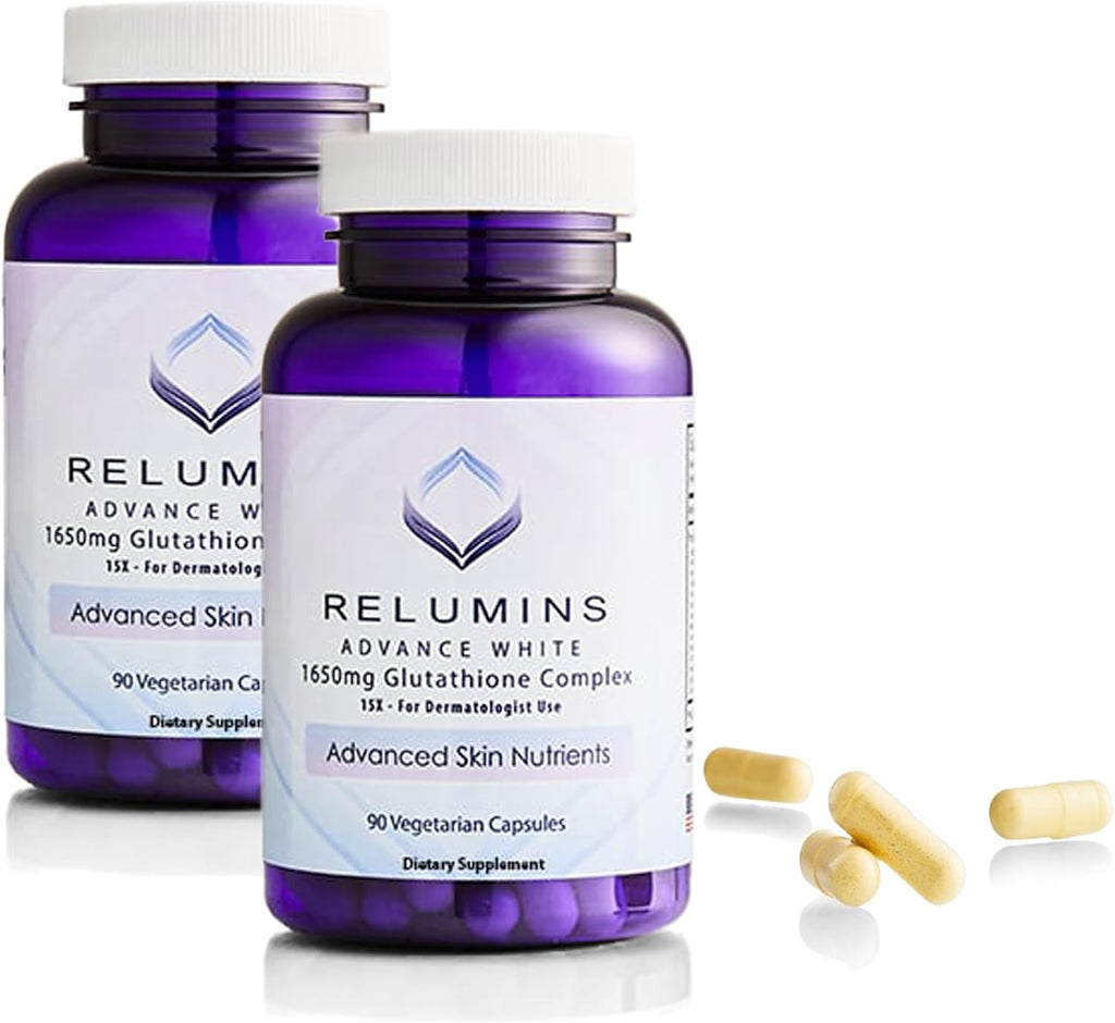 Relumins L-Glutathione Complex 1650mg - Antioxidant Support with Alpha Lipoic Acid, NAC, L-Methionine, Vitamin E - Halal & cGMP Certified, Skin Health Supplement - 90 Vegetarian Capsules x 2 Bottles
