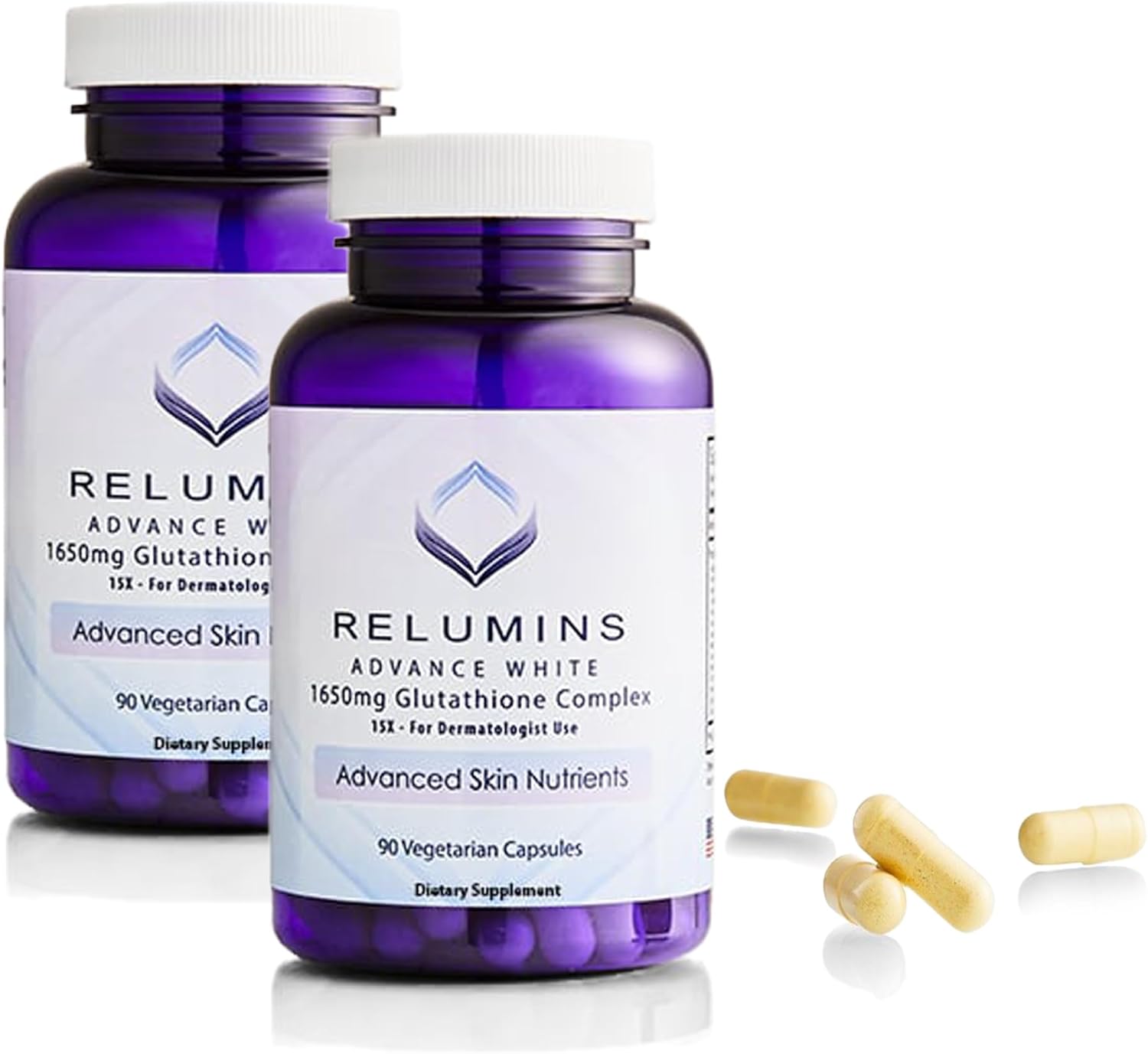 Relumins L-Glutathione Complex 1650mg - Antioxidant Support with Alpha Lipoic Acid, NAC, L-Methionine, Vitamin E - Halal & cGMP Certified, Skin Health Supplement - 90 Vegetarian Capsules x 2 Bottles
